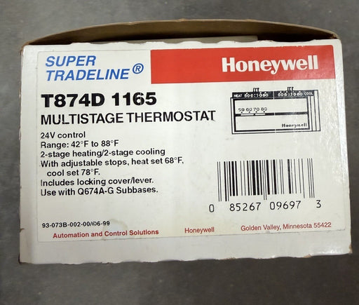 T874D 1165 HONEYWELL MULTISTAGE THERMOSTAT 24V 2 STG HEAT/2 STG COOLING T874 D