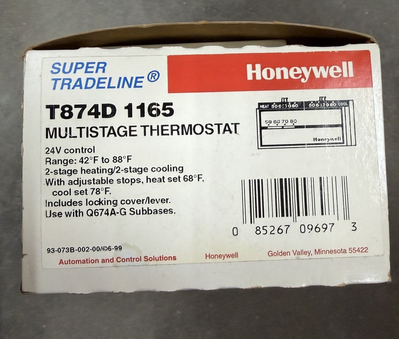 T874D 1165 HONEYWELL MULTISTAGE THERMOSTAT 24V 2 STG HEAT/2 STG COOLING T874 D