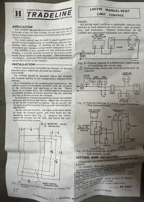 1 New Honeywell L4029E 1219 - Limit Control Manual Reset, Factory Set 165 F