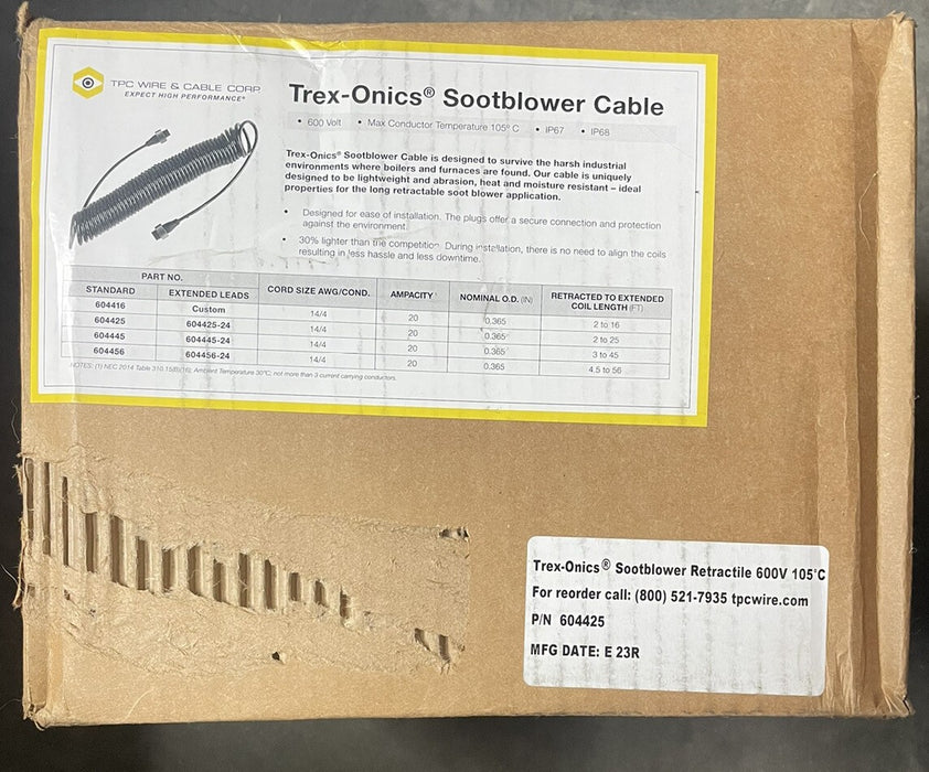 NEW TREX-ONICS 604425 SOOT BLOWER CABLE TPC WIRE & CABLE 14/4 25FT Expander QD