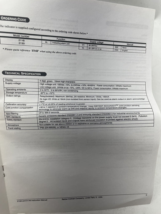 21161 NEW BARBER COLMAN 2116I/AL/VH/XXX/AX143 INVENSYS EUROTHERM TEMP CONTROL