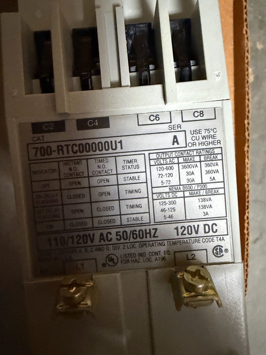 ALLEN BRADLEY 700-RTC00000U1 TIMING RELAY SOLID STATE ADJ ON-OFF 120VDC S A NOS