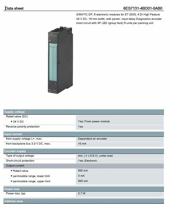 1 MODULE NEW 2015 6ES7 131-4BD01-0AB0 SIEMENS SIMATIC ET 200S DIGITAL INPUT