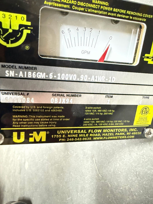 NEW UNIVERSAL FLOW MONITORS SN-AIB6GM-6-100V0.90-A1WR-1D FLOW SWITCH