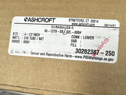 45-1279-SSL-02L-600# ASHCROFT 1279 BELLOWS GAUGE 0-600PSI SOLID FACE GLYCERINE