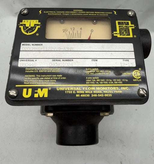 UNIVERSAL FLOW MONITORS Model 020GM-6-1122V.9-A3NR Surplus Flow Switch B60446
