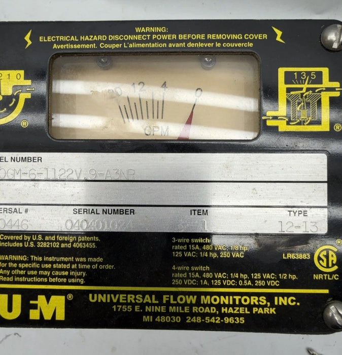UNIVERSAL FLOW MONITORS Model 020GM-6-1122V.9-A3NR Surplus Flow Switch B60446