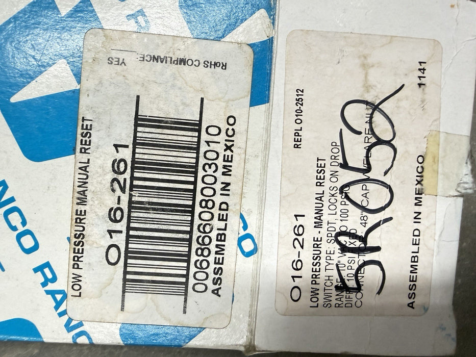 Ranco 016-261-070 LOW Pressure Refrig Control MANUAL RESET SPDT 10'WC - 100PSI