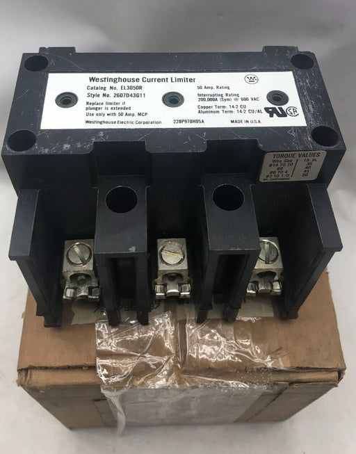 NEW WESTINGHOUSE EL3050R CURRENT LIMITER 50 AMP MCP BREAKERS STYLE NO 2607D43G11