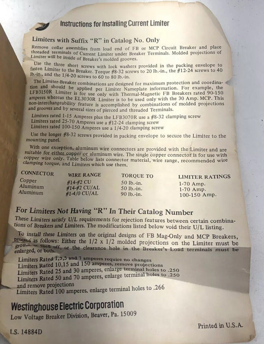 NEW WESTINGHOUSE EL3050R CURRENT LIMITER 50 AMP MCP BREAKERS STYLE NO 2607D43G11