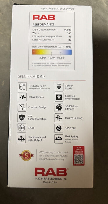 RAB LED Corn Cob 100W RPL 400W Metal Halide Bypass HIDFA-100S-EX39-8CCT-BYP/5SP