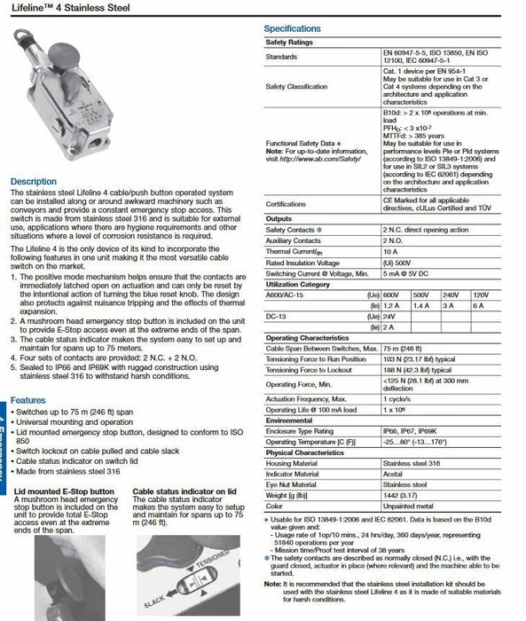 440E-L22BNST GUARDMASTER LIFELINE 4 STAINLES ROPE PULL SWITCH ALLEN BRADLEY 440E