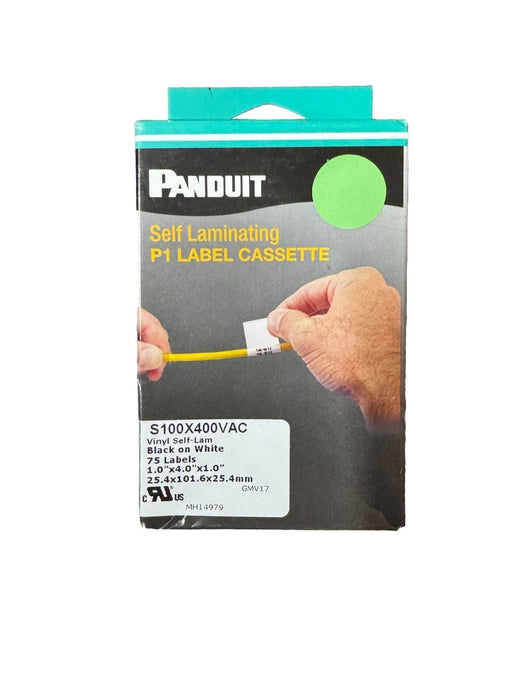 S100X400VAC NEW PANDUIT P1 LABEL CASSETTE 1" X 4.0" X 1" BLACK ON WHITE SELF LAM