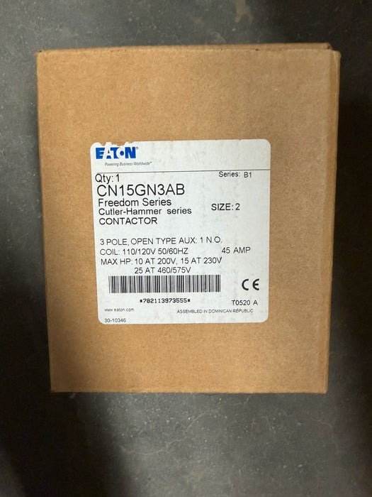 Eaton CN15GN3AB NEMA OPEN 3 POLE CONT SIZE 2 120V COIL 45 AMP SERIES B1 FREEDOM