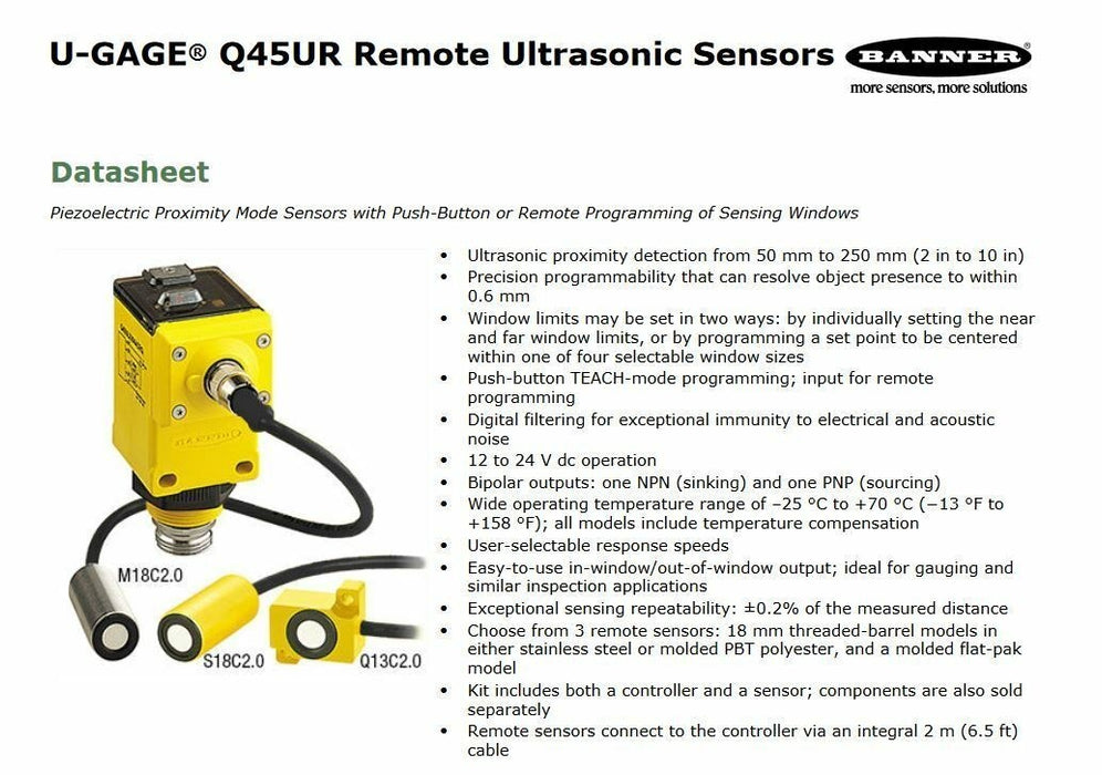 NEW BANNER ENGINEERING Q45UR3BA63CQ6 / 53011 Q45UR Series Remote Transducer