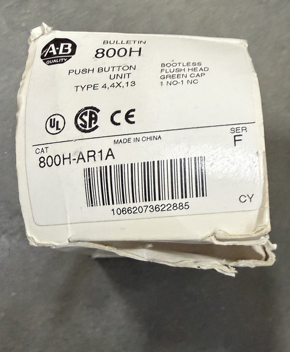 ALLEN BRADLEY 800H-AR1A PUSHBUTTON BOOTLESS FLUSH GREEN 1NO/1NC SERIES F NIB