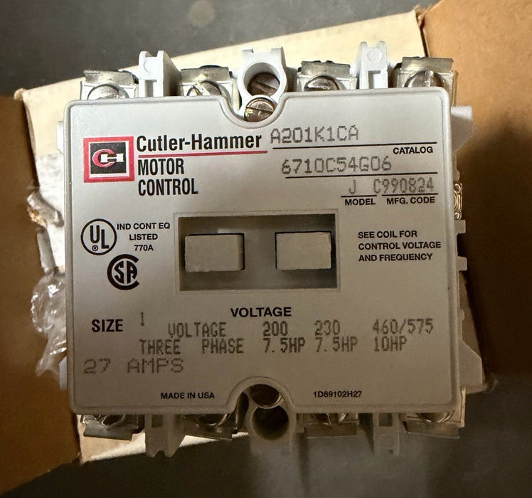 A201K1CA Eaton Size 1 MODEL J 120V Contactor 710C54G06 CUTLER HAMMER 27 AMP