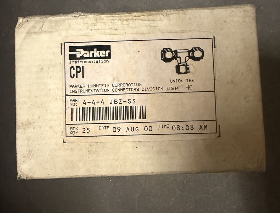 25 CNT BOX Parker CPI 4-4-4 JBZ-SS TEE  1/4"x 1/4"X1/4" Stainless Compression