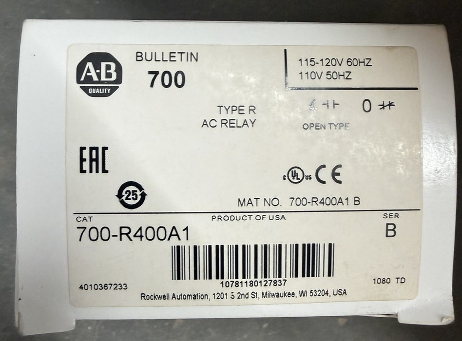 NEW ALLEN-BRADLEY BULLETIN 700 700-R400A1 TYPE R 120V AC RELAY 0 N.C 4 N.O
