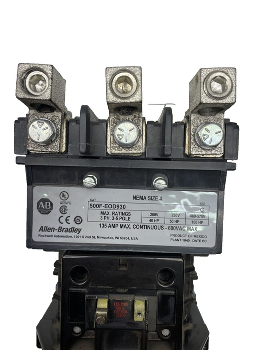 NEW 500F-EOD930 135 AMP FEED THRU DOL MOTOR STARTER / CONTACTOR NEMA SIZE 4 500F