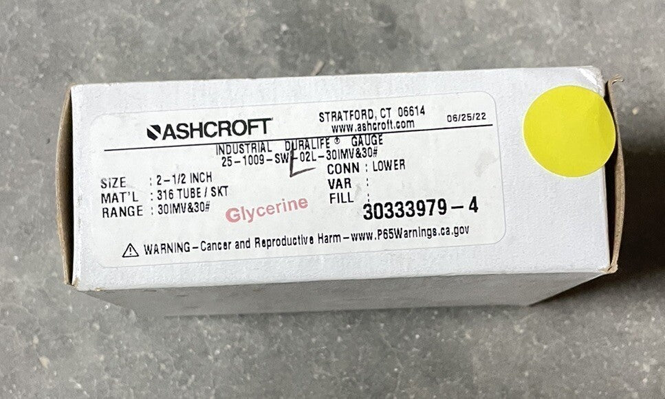 NEW ASHCROFT DURALIFE 25-1009-swL-02l-30IMV&30# GLYCERINE FILL 2 1/2" GAUGE