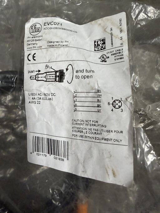 Ifm Evc071 Cordset, 5Pin Cable 5M  4A Max