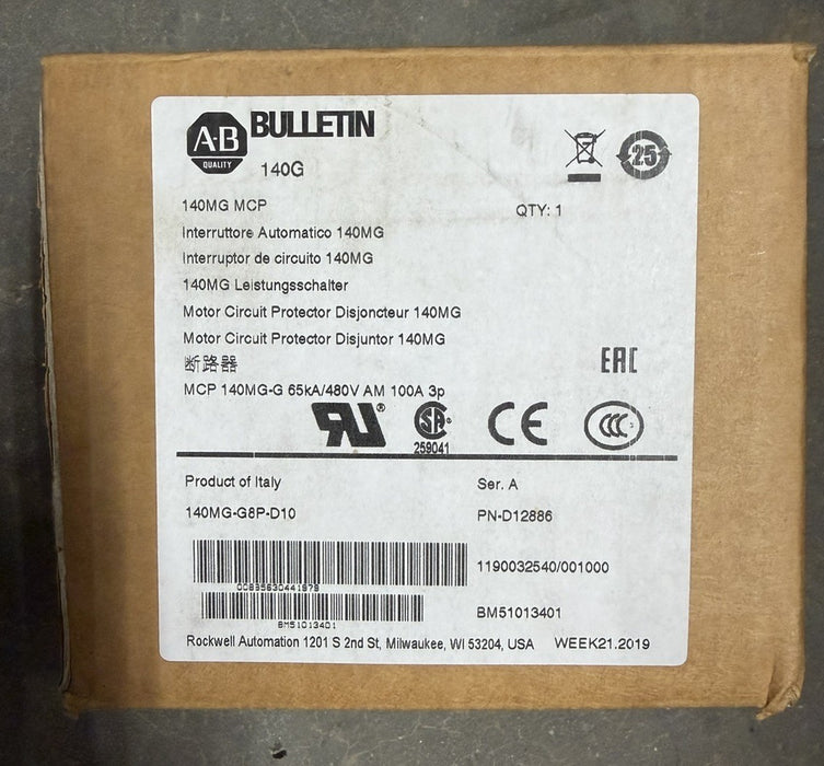 140MG-G8P-D10 ALLEN-BRADLEY D12886 140MG 100 AMP MOTOR CIRCUIT PROTECTOR MCP G8P