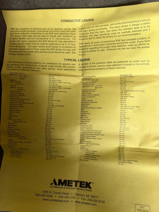 AMETEK B/W CONTROLS LIQUID LEVEL CONTROL 1500-C-L1-S7-OC-X 110-120 VAC TO 220VAC