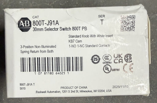 New Allen Bradley 800T-J91A 3 Pos SPRING RETURN BOTH WAYS KB7 CAM WHITE INSERT