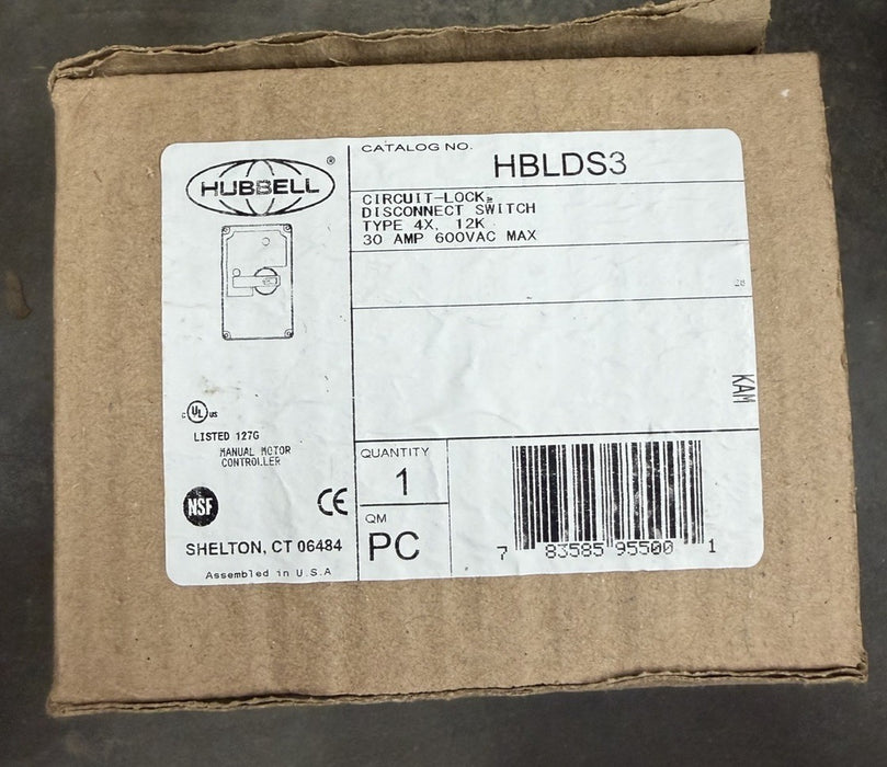 HUBBELL HBLDS3 circuit-lock disconnect switch type 4x 12k 30 amp 600vac lockable