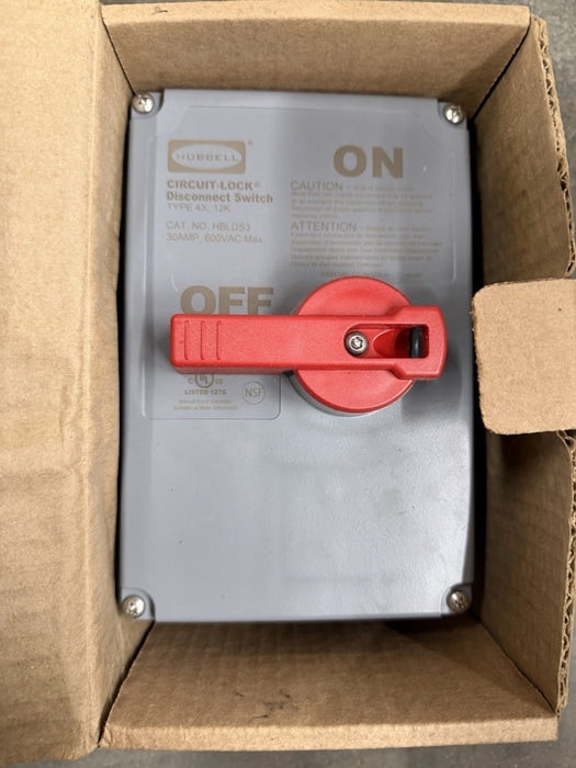 HUBBELL HBLDS3 circuit-lock disconnect switch type 4x 12k 30 amp 600vac lockable