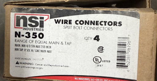 Qty 4. NSI N-350 Copper Split Bolt 350 MCM – 4/0 AWG CU LISTED FOR DIRECT BURIAL