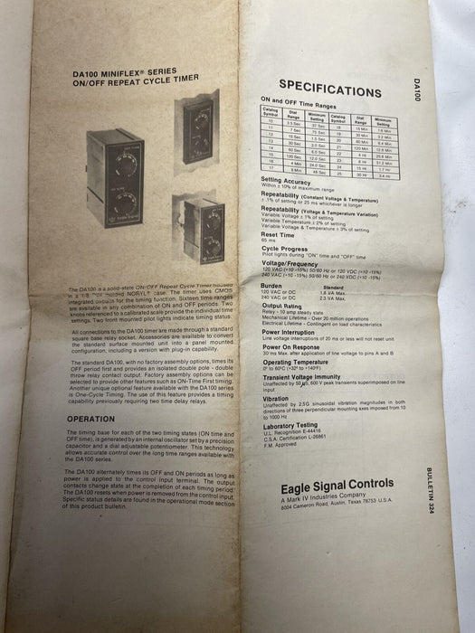 EAGLE SIGNAL DANAHER CONTROL DA1010A3 ELECTRONIC REPEAT CYCLE TIMER MINIFLEX PLC