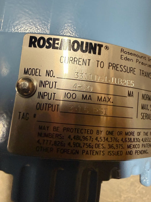 Rosemount 3311DS1J1B2E5 Current to Pressure Transducer 4-20ma 3-15 PSI i2p i/p