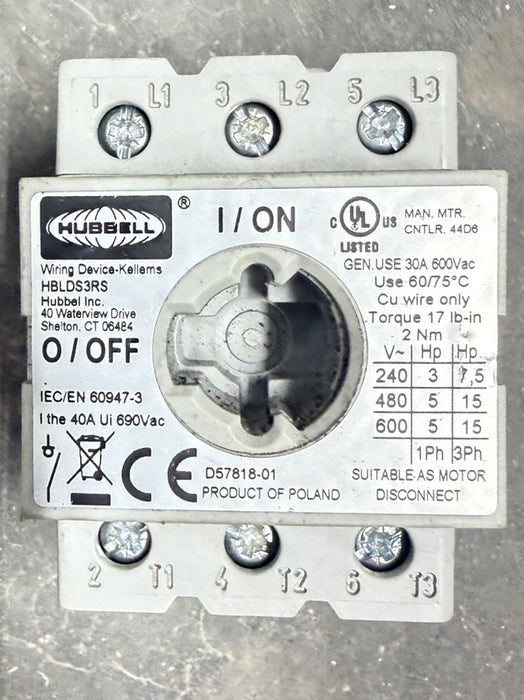HUBBELL HBLDS3RS circuit-lock disconnect switch type 4x 12k 30 amp 600vac