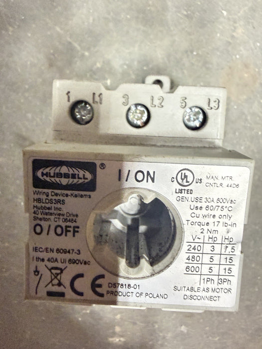 HUBBELL HBLDS3RS circuit-lock disconnect switch type 4x 12k 30 amp 600vac