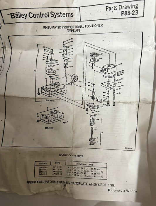 BAILEY CONTROLS PNEUMATIC PROPORTIONAL POSITIONER TYPE AP1 P88-23 256033M4 KIT