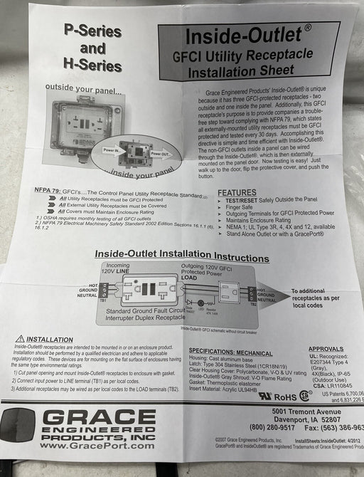 NEW GRACE PORT P-P2-K3RF0 PARALLEL PORT PANEL INTERFACE W/ RECEPTACLE DB25F 10FT