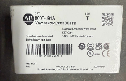 Allen Bradley 800T-J19A    3 Position Selector Switch SPRING RETURN BOTH