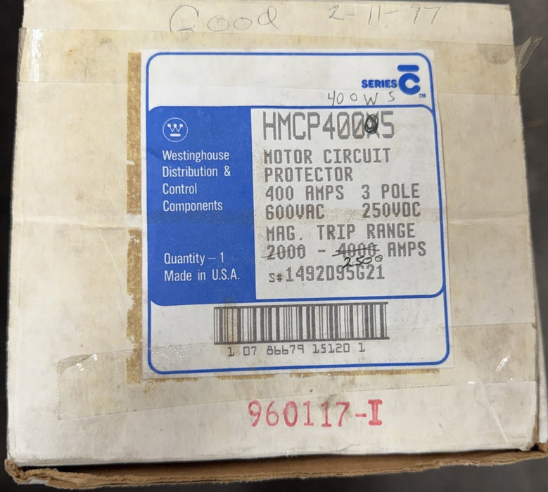 HMCP400W5W  westinghouse 400 amp motor circuit protector breaker hmcp