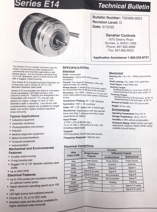 NEW DYNAPAR E14060010403 INCREMENTAL ENCODER  1/4" SHFT 600 PPR E20 DANAHER