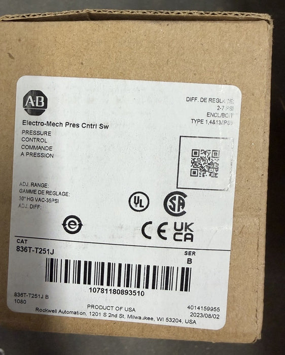 2023 836T ALLEN BRADLEY 836T-T251J BULLETIN PRESSURE CONTROL SWITCH 30" HG-35