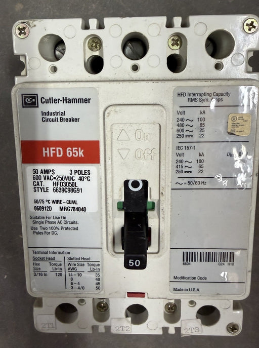 Cutler Hammer Hfd3050L Feeder Breaker 50 Amp 3 Pole 600vac