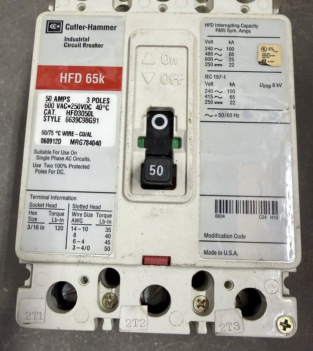 Cutler Hammer Hfd3050L Feeder Breaker 50 Amp 3 Pole 600vac