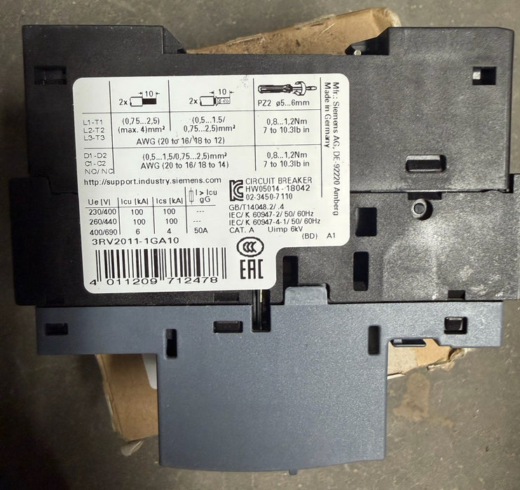 NEW SIEMENS 3RV2011-1GA10 SIRIUS MANUAL MOTOR STARTER 4.5 A - 6.3  AMPS 3P
