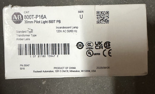 ALLEN BRADLEY 800T-P16A PILOT LIGHT 120V 50/60HZ AMBER SERIES T NIB