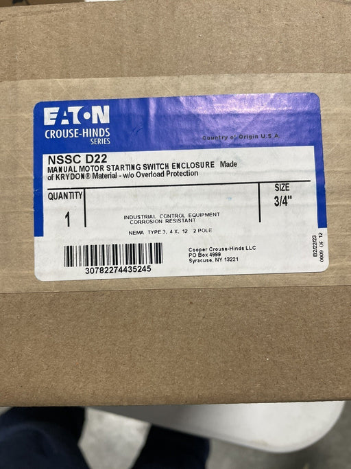 NSSC D22 EATON CROUSE HINDS MANUAL MOTOR STARTER SWITCH KRYDON FIBERGLASS 2 pole