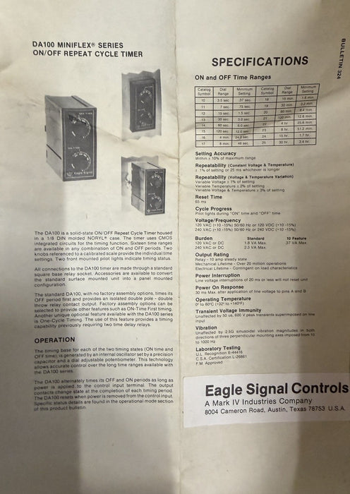 EAGLE SIGNAL DANAHER  DA1915A3 ELECTRONIC REPEAT CYCLE TIMER MINIFLEX DA100
