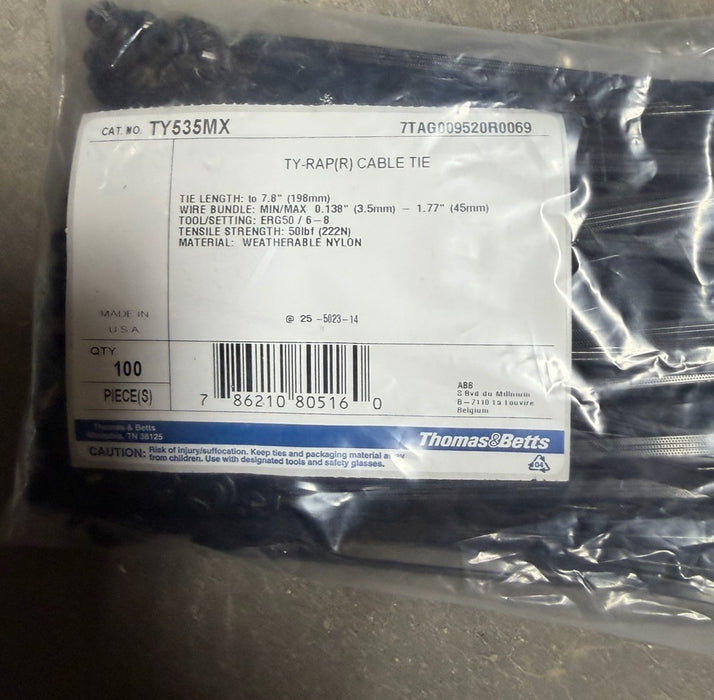 100 qty weather resistant black ty-rap 7.8" long by abb tyrap ty535mx cable tie