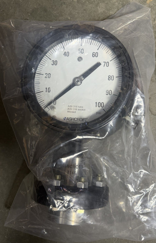 ASHCROFT 0-100PSI 4 1/2 FACE DURAGAUGE 1/2 PROCESS CONN 316L C1215 SNUBBER DIAP